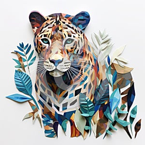 Vibrant Paper Sculpture: Black Leopard Amidst Tropical Foliage