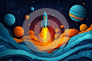 Vibrant Papercut Space Rocket Illustration