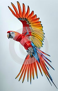 A vibrant parrot in flying against a white background, colorful tropical birds concept