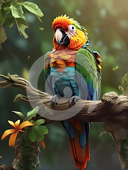 Vibrant Parrot Perched on Tree Branch - Vector Art Showcasing Photorealistic Beauty.