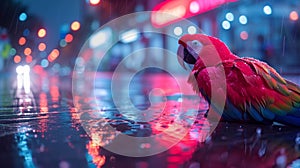 Vibrant parrot on a wet city street at night, illuminated by colorful city lights.