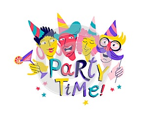 Vibrant Party Celebration Characters with Colorful Hand-Lettering for Invitations and Festive Decor.