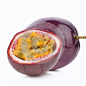 A vibrant passion fruit cut open to reveal its juicy seeds, symbolizing natureÃ¢â¬â¢s complexity photo