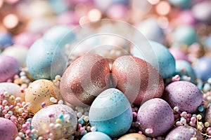 Vibrant pastel colored easter eggs nestled among fresh and delicate spring flowers