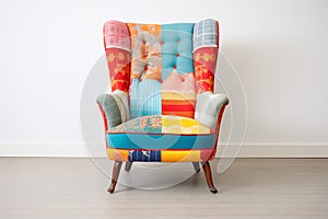 vibrant patchwork fabric upholstered accent chair