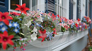 Vibrant Patriotic Flower Box Display on a Sunny Day