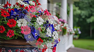 Vibrant Patriotic Flower Display on Porch for Fourth of July Celebration