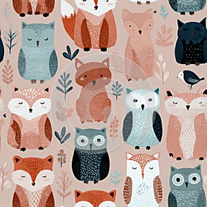 Cute Animal Pattern Design with Foxes, Owls, and Forest Elements