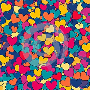 A vibrant pattern of multicolored hearts in different sizes, overlapping and arranged randomly. A