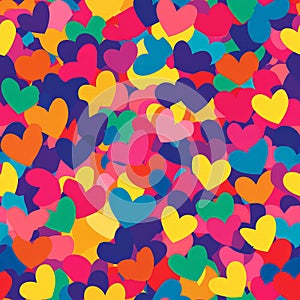 A vibrant pattern of multicolored hearts in different sizes, overlapping and arranged randomly. A