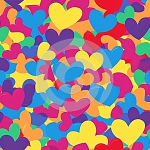 A vibrant pattern of multicolored hearts in different sizes, overlapping and arranged randomly. A