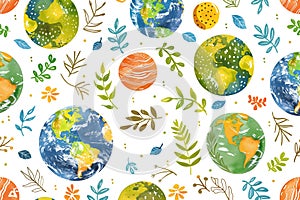 Vibrant pattern with planet Earth, plants and flowers isolated on white background. Earth Day wallpaper