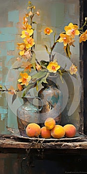 Vibrant Peaches And Yellow Orchids In Antique Metallic Vases
