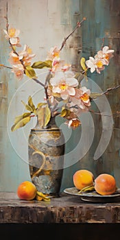 Vibrant Peaches And Yellow Orchids In Antique Metallic Vases