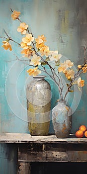 Vibrant Peaches And Yellow Orchids In Antique Metallic Vases