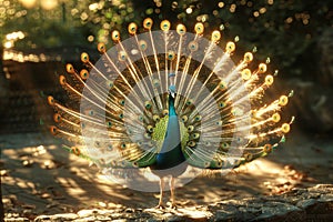 Vibrant peacock display detailed, photorealistic view of iridescent plumage and fanned tail