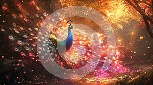 Vibrant Peacock in Enchanted Forest at Night