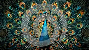 A vibrant peacock with fanned feathers background, symbolizing pride and self-assurance.