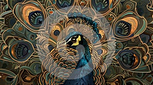 A vibrant peacock with fanned feathers background, symbolizing pride and self-assurance.