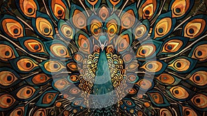 A vibrant peacock with fanned feathers background, symbolizing pride and self-assurance.