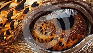 Vibrant peacock feather pattern on animal eye staring intensely generated by AI