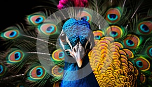 Vibrant peacock feather showcases elegance and beauty in nature generated by AI