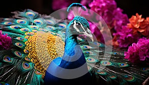 Vibrant peacock feather showcases nature elegance and beauty generated by AI