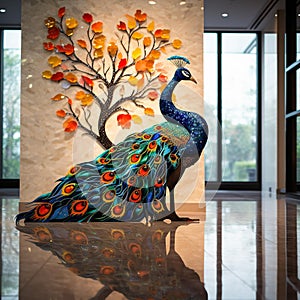 Vibrant Peacock Mosaic: Intricate Artwork on Black Marble