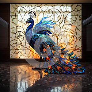 Vibrant Peacock Mosaic: Intricate Artwork on Black Marble