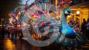 Vibrant Peacock Parade Float: A Majestic Display of Feathers and Beadwork at Mardi Gras
