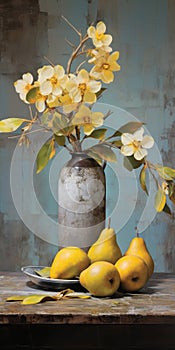 Vibrant Pears And Yellow Orchids In Antique Metallic Vases