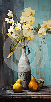 Vibrant Pears And Yellow Orchids In Antique Metallic Vases