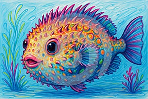 Vibrant pencil sketch of a puffer fish underwater in ocean