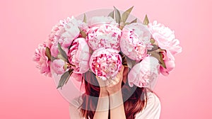 Vibrant peonies in full bloom cover woman& x27;s face against a pink background. Contemporary, styled floral portrait