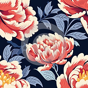 Vibrant Peony Pattern: Hand-drawn Illustrations On Rosy Background