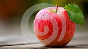 Fresh Red Apple with Leaf on Rustic Wooden Table Surface
