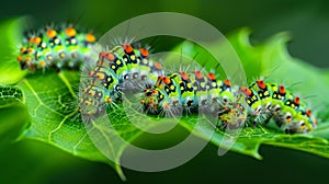 A vibrant photo of a group of caterpillars each with distinct markings and coloration crawling a a bed of lush green photo