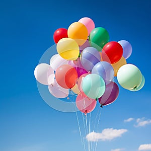Colorful Balloon Cluster Soaring in Clear Blue Sky