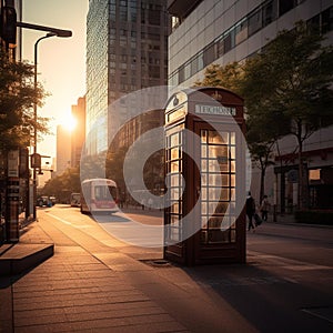 Cityscape Telephone Booth at Golden Hour photo