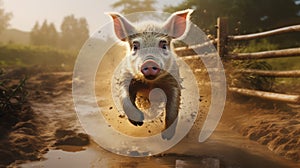 Vibrant Photorealistic Fantasy: Pig Running In Ultra Hd Hdr 8k Cinematic Style photo