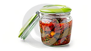 Vibrant Pickled Red Sundried Tomatoes Illuminating the Jar: A Captivating Close-Up in Exquisite Deta