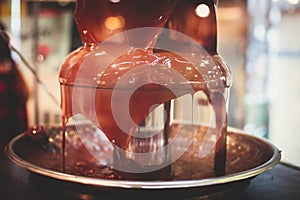 Vibrant Picture of Chocolate Fountain Fontain on childen kids birthday party with a kids playing around and marshmallows and fruit