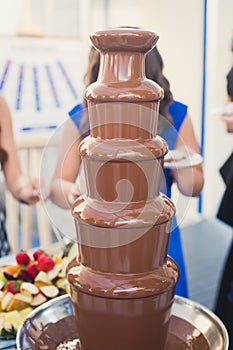 Vibrant Picture of Chocolate Fountain Fontain on childen kids birthday party with a kids playing around and marshmallows and fruit