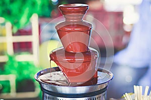 Vibrant Picture of Chocolate Fountain Fontain on childen kids birthday party with a kids playing around and marshmallows and fruit