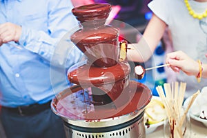 Vibrant Picture of Chocolate Fountain Fontain on childen kids birthday party with a kids playing around and marshmallows and fruit