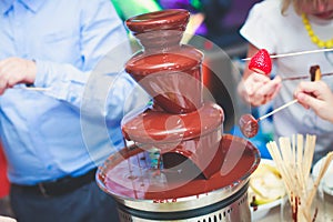 Vibrant Picture of Chocolate Fountain Fontain on childen kids birthday party with a kids playing around and marshmallows and fruit