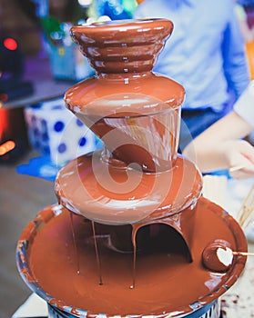 Vibrant Picture of Chocolate Fountain Fontain on childen kids birthday party with a kids playing around and marshmallows and fruit