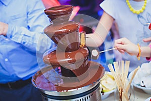 Vibrant Picture of Chocolate Fountain Fontain on childen kids birthday party with a kids playing around and marshmallows and fruit