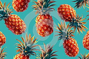 Vibrant pineapples on a seamless turquoise background