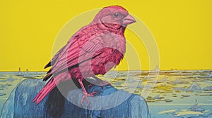Vibrant Pink Bird On Yellow Rock - Realistic Hyper-detailed Portrait